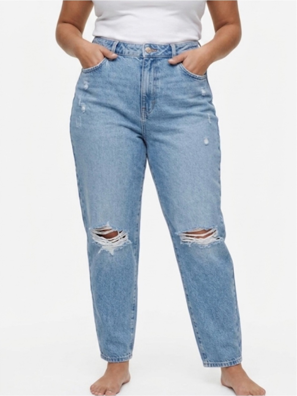 ZARA Distressed High Rise Mom Jeans Light Wash Blue 6 100% Cotton